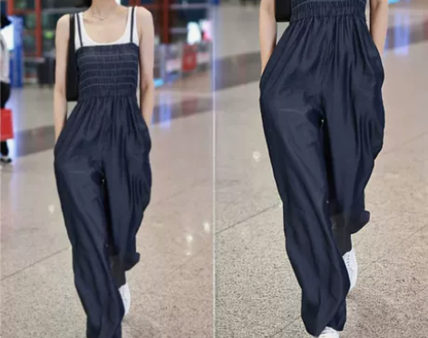 孙怡同款天丝牛仔阔腿连体裤女休闲宽松抹胸吊...