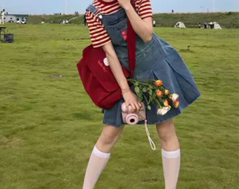 日系软妹背带牛仔裤女2022夏季新款宽松高...