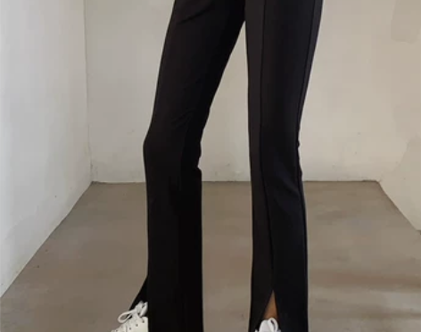 Discofriends黑色高腰开叉休闲裤...