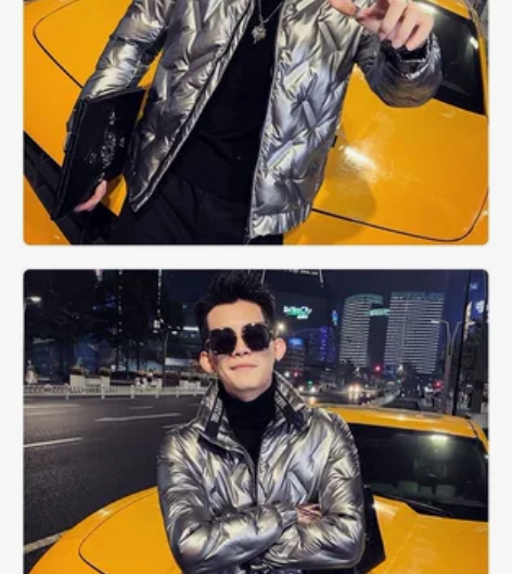 秋冬立领夹克男潮印花外套亮面银色羽绒服修身...