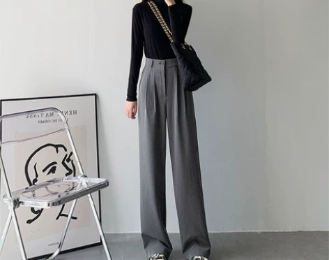 【全新】灰色阔腿裤女高腰垂感宽松直筒显瘦休...