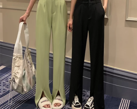 黑色西装裤高级感垂感开叉休闲裤女2022新...