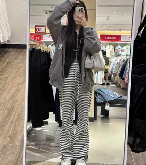休闲裤女初秋新款宽松设计感条纹高腰弹力显瘦...
