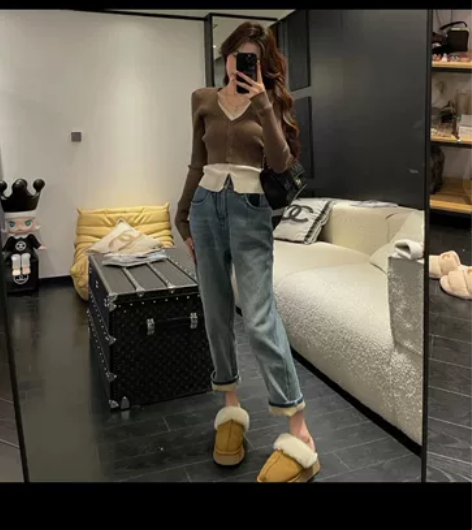 邱肉瑶 新款复古高腰水洗蓝色休闲百搭设计感...