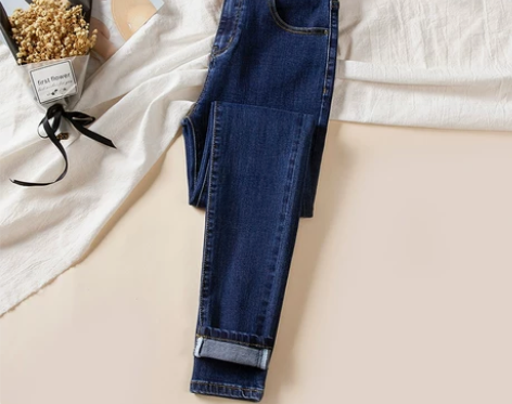 休闲铅笔裤 休闲裤子深蓝色高腰牛仔裤202...