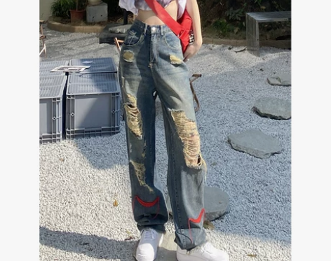 辣妹风高街乞丐个性破洞牛仔裤女2022年欧...