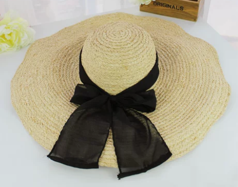 天然拉菲草夏天手工大沿草帽海边防晒遮阳帽凉...