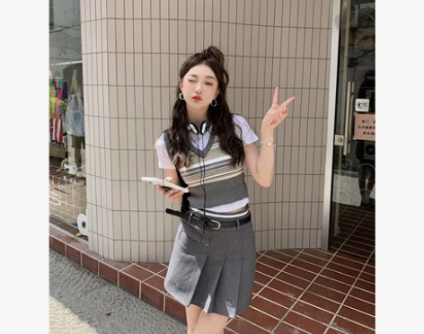少女无畏2022夏季新款压褶高腰a字百褶裙...