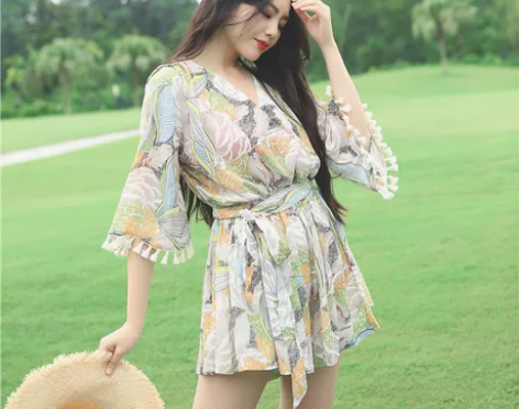 海边旅游度假沙滩裙波西米亚喇叭袖印花连体裤...