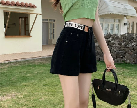 WARDROBE牛仔短裤女宽松高腰显瘦黑色...