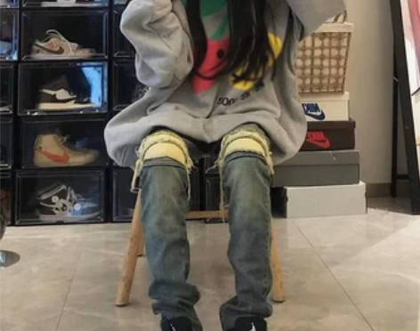 美式国潮高街vibe风破洞拉链牛仔裤子女设...