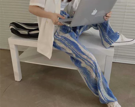 渲染压褶阔腿裤女高腰垂感宽松直筒休闲裤显瘦...