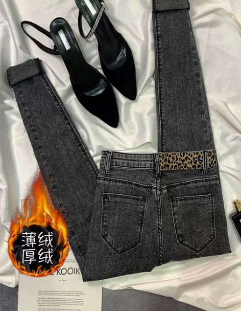 加绒紧身牛仔裤女2022年秋冬季新款抓绒薄...