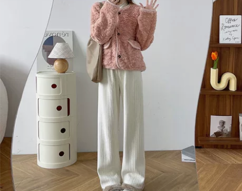 欧棉绒麦穗阔腿裤女秋冬新款高腰显瘦提花休闲...