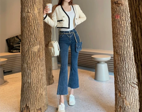 豆豆酱chic高腰牛仔裤女春秋修身显瘦九分...