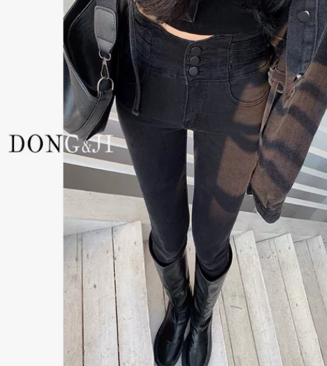 超高腰牛仔裤女小脚裤冬季加绒修身显瘦铅笔黑...