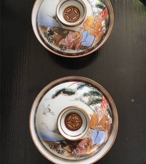 九谷高砂夫妇老盖碗，手绘描金年代物，单只价...