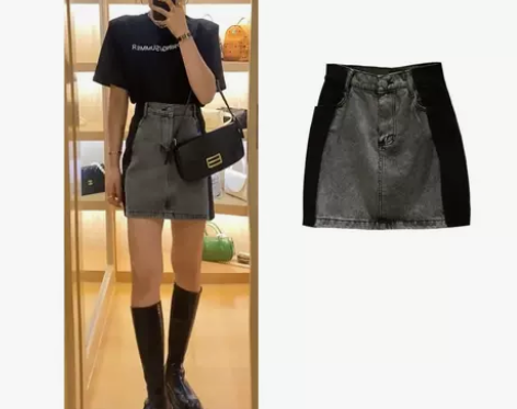 牛仔半身裙女2021夏季薄款拼接撞色设计感...