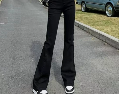 韩国高腰黑色微喇牛仔裤女2022秋冬新款加...