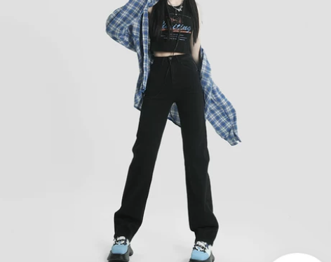 RNBN黑色高腰直筒加绒牛仔裤女2022秋...