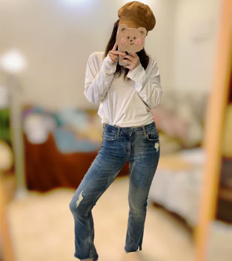 zara复古风破洞不规则裤脚修身牛仔裤 感...