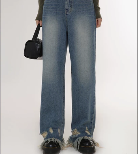 eihey诶嘿秋季街头裤腿破洞毛边牛仔裤高...