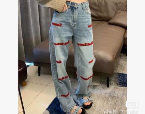 复古圣诞红色刺绣牛仔裤女美式高腰阔腿宽松显...