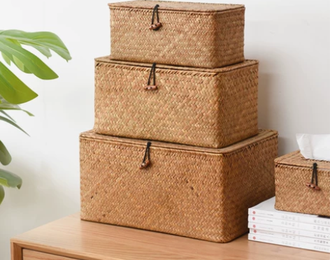 手艺创艺海草竹编收纳箱竹箱子复古桌面藤编储...