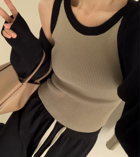 韩国洋气性感全羊毛针织背心+开衫套装女22...