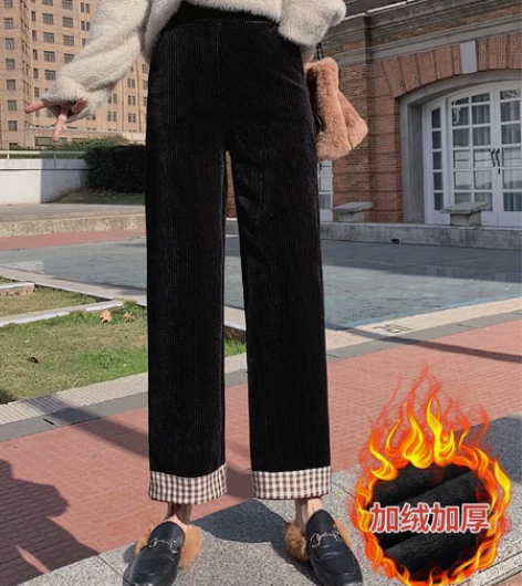 格子灯芯绒裤子女秋冬加绒加厚高腰宽松直筒条...