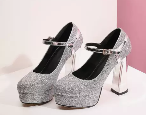 亮片单鞋女晚会礼服高跟鞋女粗跟防水台婚纱鞋...