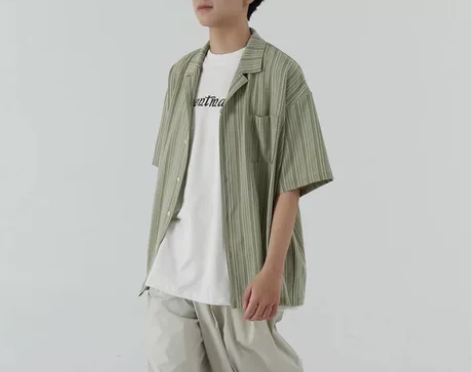 日系复古草绿竖条纹短袖衬衫男随性垂坠感衬衣...