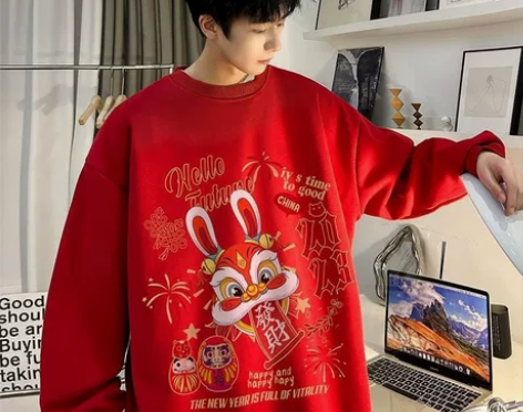 中国红恭喜发财卫衣男加绒oversize本...