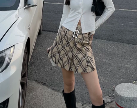 NOSE自制 欧美格纹A字裙高腰半身裙显瘦...