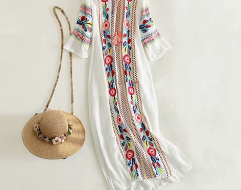 丽江大理裙子大码女装民族风棉麻刺绣连衣裙夏...