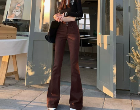 poyz高腰棕色双扣弹力修身喇叭牛仔裤女辣...