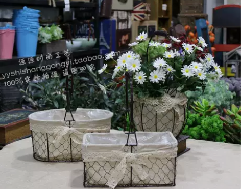 新款铁艺麻布花篮 手提花篮防水篮子 插花植...