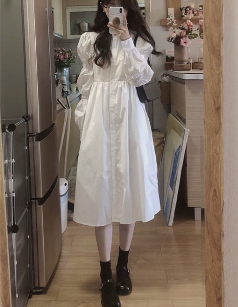 白色泡泡袖连衣裙女秋季2022新款设计感长...