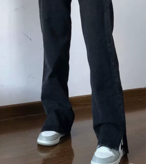 牛仔裤高腰显瘦显腿长 开叉直筒阔腿裤子 黑...