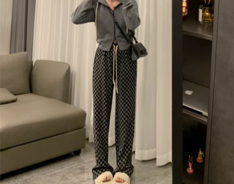 BLACKY春季黑白棋盘格子垂感阔腿裤女高...