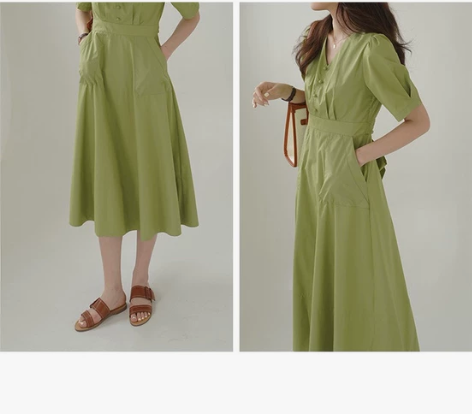 夏季法式茶歇长裙高端气质复古温柔初恋裙子绿...