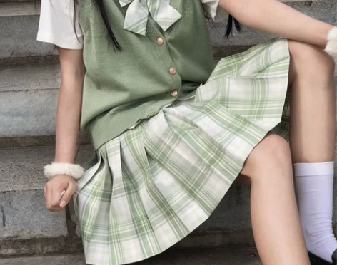 全款现货jk格裙草绿格绿芜夕仙女新款学生裙...
