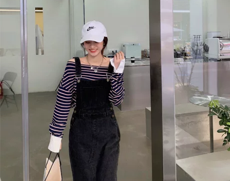 MC经典复古 爆款叠穿神器 开叉牛仔背带裙...