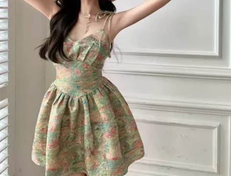性感纯欲辣妹碎花吊带连衣裙女夏季短裙温柔收...
