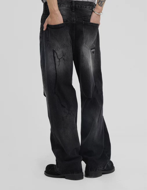 JHYQ工装系列复古破洞做旧牛仔裤男宽松直...