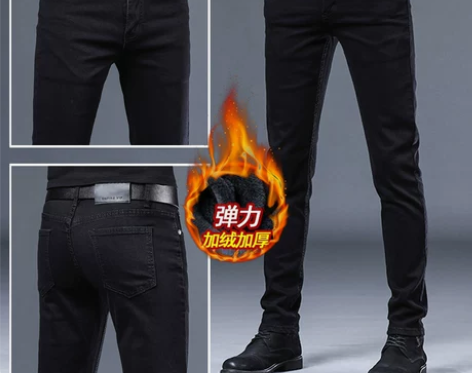 香港秋冬季加绒加厚黑色牛仔裤男士弹力秋冬款...