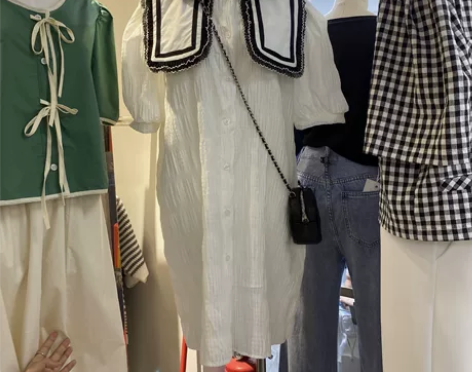 DREAM FLY夏季娃娃领格子连衣裙女短...