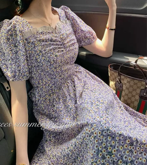 法式桔梗小菊花连衣裙 女夏季复古显瘦遮肚子...