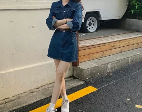 辣妹复古气质长袖牛仔连衣裙女秋季韩版小个子...