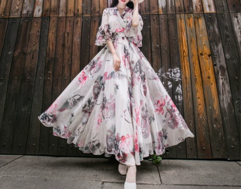 花色春夏季新品女夏大摆裙长裙印花雪纺碎花连...